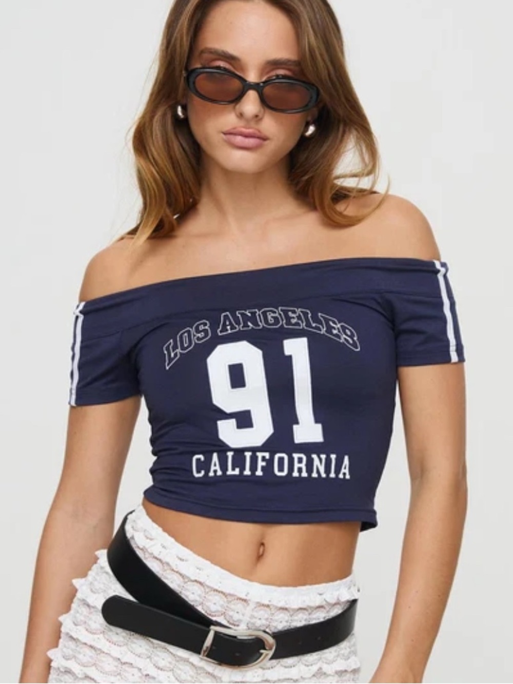Princess Polly Serendipia Off The Shoulder Graphic Top Navy US 0
